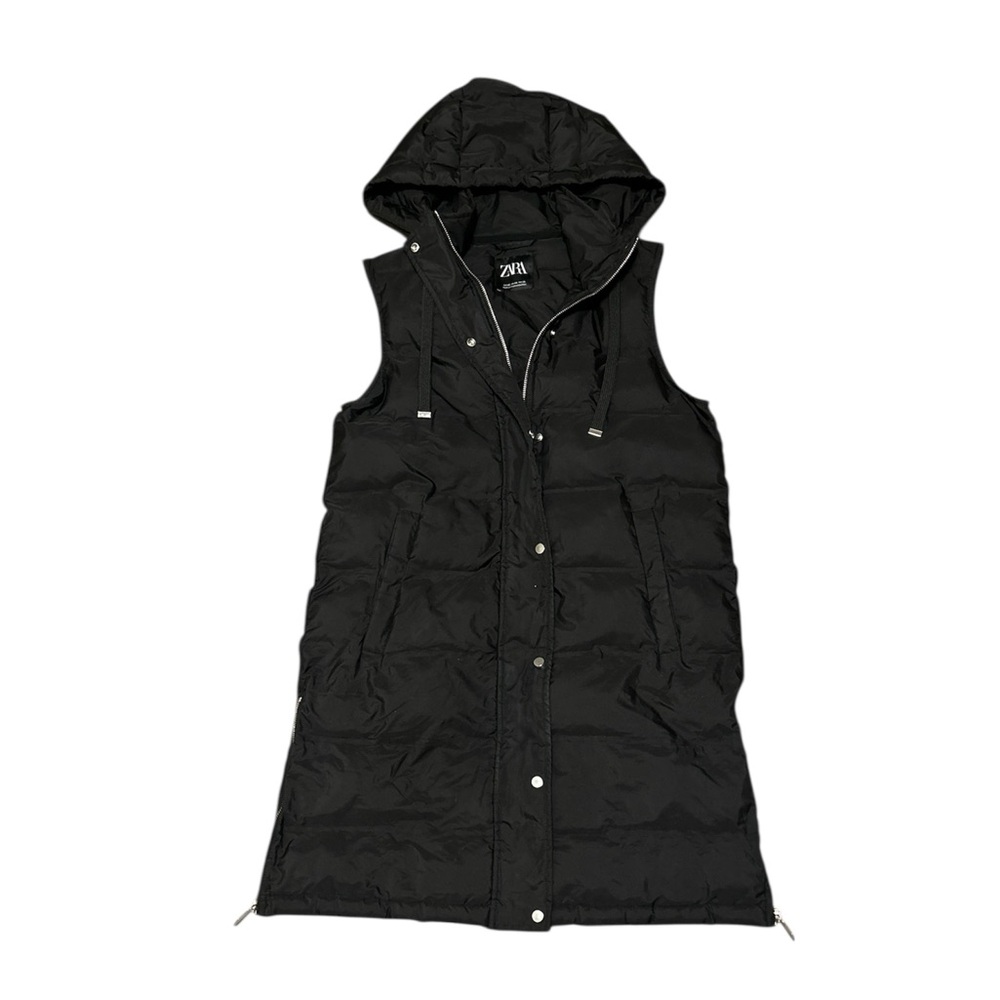 Zara Black Quilted Hooded Long Puffer Vest - Picture 9 of 9